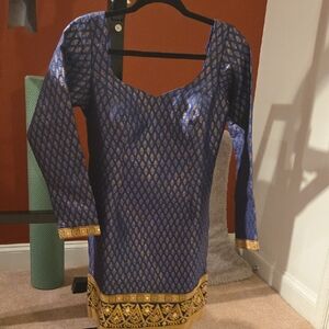 Royal Blue and Gold Long Sleeve Kameez